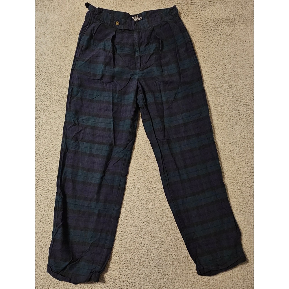 Polo Ralph Lauren Mens 32x31 Black Watch Plaid Cotton Pleated Pants Made in USA
